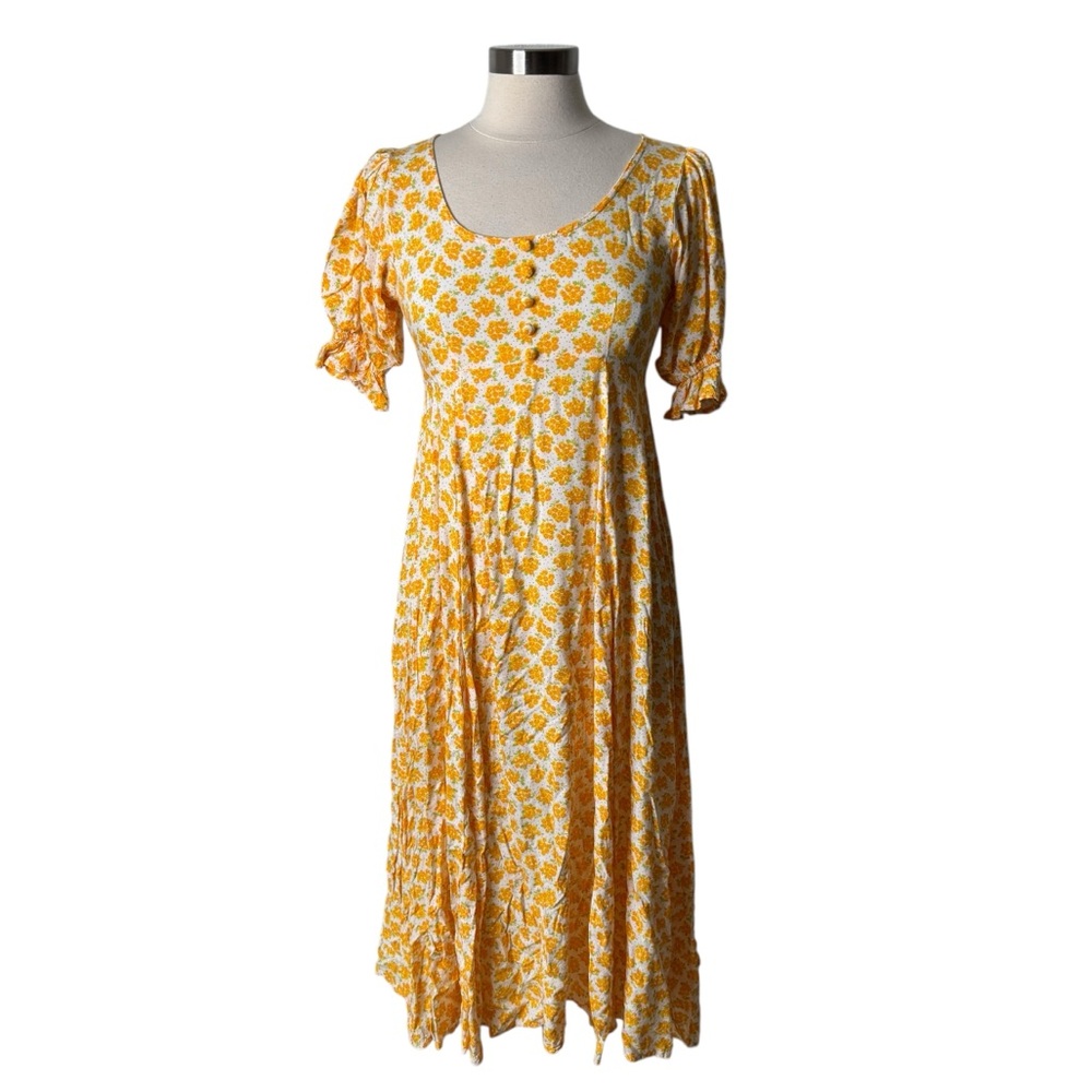 Faithfull The Brand Linnie Floral Print Yellow Crepe Midi Dress Womens Size 4